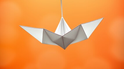 A delicate, intricately folded paper figure with sharp, triangular points and a slender stem, suspended in mid-air,