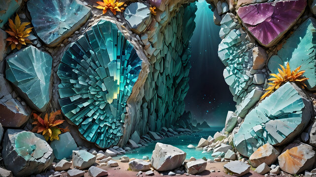 unrealistic scene where a broken monolite wall, contrasting with aquamarine color spectrum