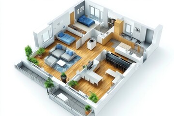 Obraz premium 3D top down view of a spacious family apartment with multiple rooms and wooden floors symbolizing comfortable living functional design and modern residential planning