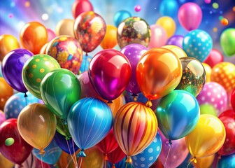 Vibrant multicolored balloons of various shapes and sizes float against a soft focus background,...