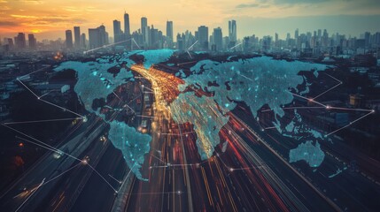 Digital world map overlayed on a busy highway, illustrating the interconnectedness of global trade routes and modern transportation systems