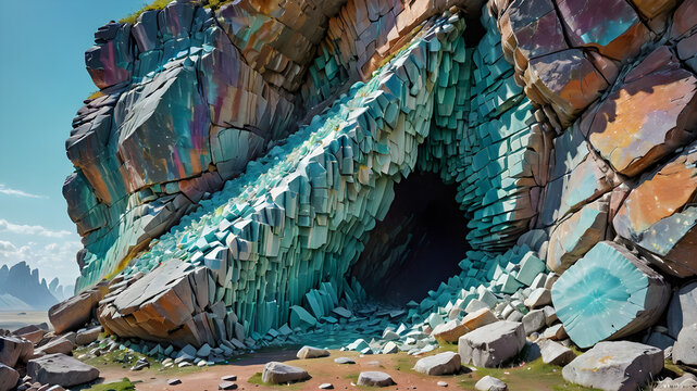 unrealistic scene where a broken monolite wall, contrasting with aquamarine color spectrum