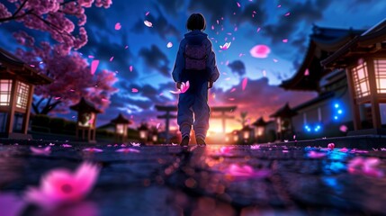 Naklejka premium Woman Walking Through Japanese Garden With Cherry Blossoms Falling