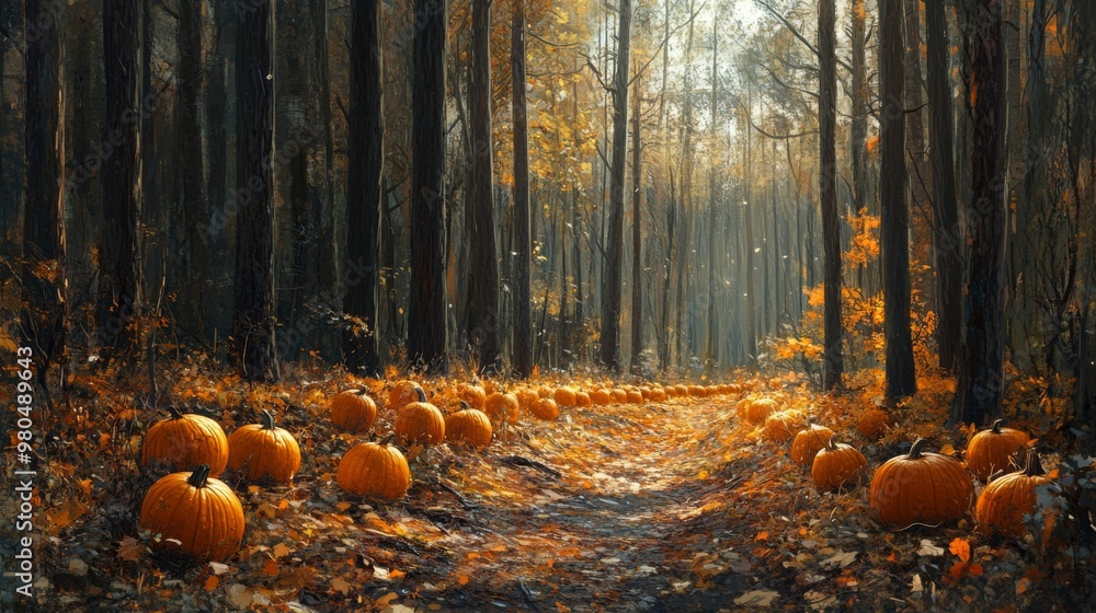 Poster a beautiful forest pathway lined with bright orange pumpkins, surrounded by tall trees displaying go