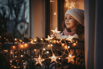 A girl on a Christmas decorated balcony