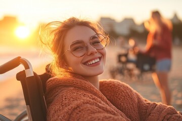 close-up of young woman in wheelchair, smiling and relaxing on the beach with friends during sunset 