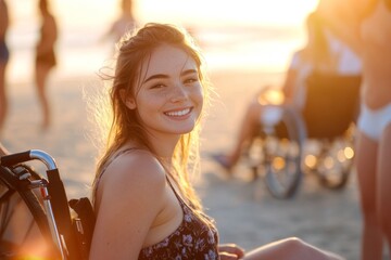 close-up photo of attractive young woman in wheelchair, smiling and relaxing on the beach with friends during sunset 
