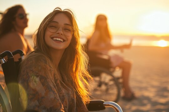 close-up photo of young woman in wheelchair, smiling and relaxing on the beach with friends during sunset  - Powered by Adobe