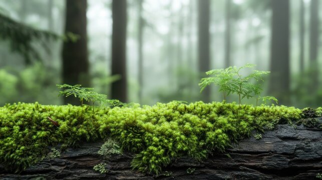Fresh, velvety green moss growing on a fallen log, surrounded by a misty woodland environment, evoking a sense of tranquility Close-up photo with clean background