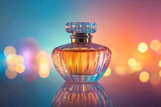 Elegant perfume bottle on reflective surface with vibrant bokeh background