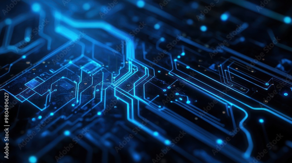 Poster futuristic abstract blue circuit lines on a dark background representing technology and innovation c