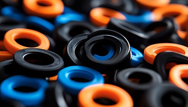 Close up of black, orange, and blue rubber O-rings.