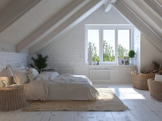 Stylish white attic bedroom corner - ai