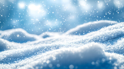 Winter snow background with snowdrifts, with beautiful light and snow flakes on the blue sky, beautiful bokeh circles, banner format, copy space