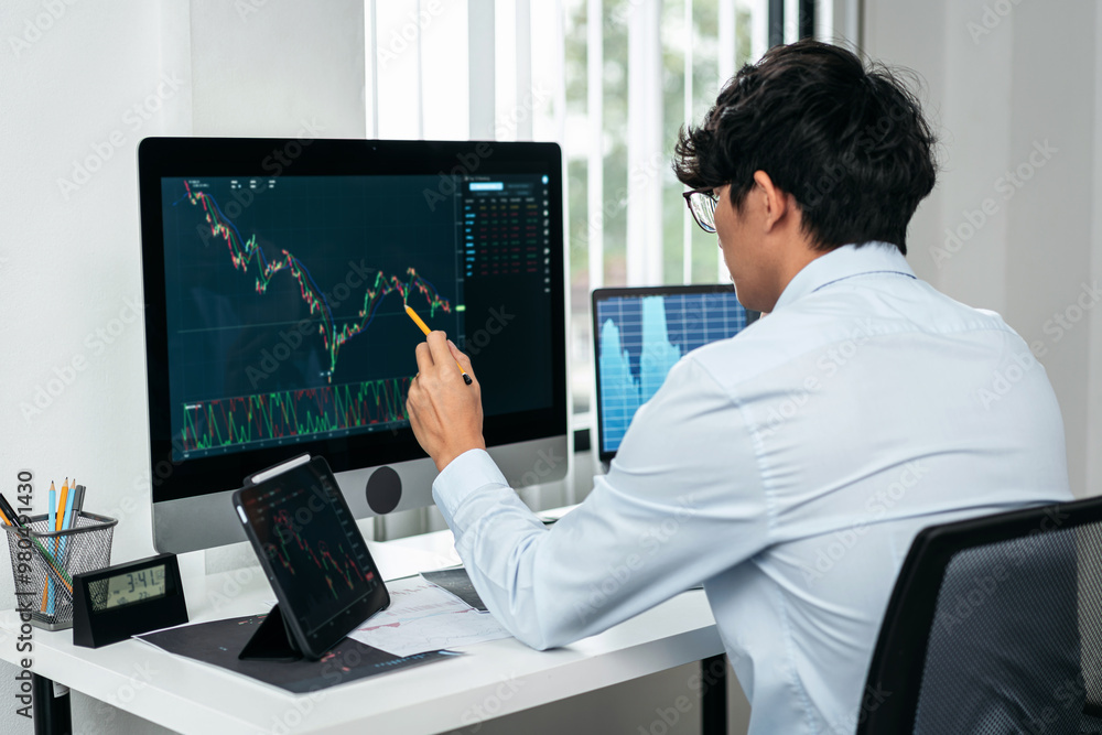 Poster businessman investor working with computer, tablet and analyzing graph stock market trading planning