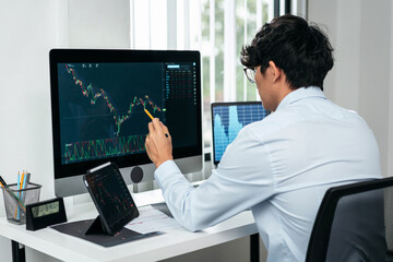 Businessman investor working with computer, tablet and analyzing graph stock market trading planning with chart data financial investment planning