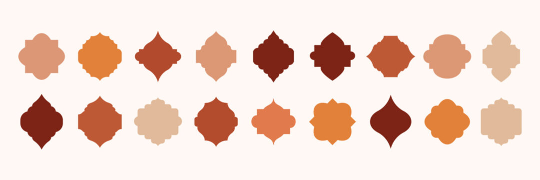 Vector set of flat mosque gates, doors and windows. Oriental style Islamic arches, labels, logo templates. Morocco inspired simple shapes. Indian architecture icons. Muslim frames. Lantern shapes