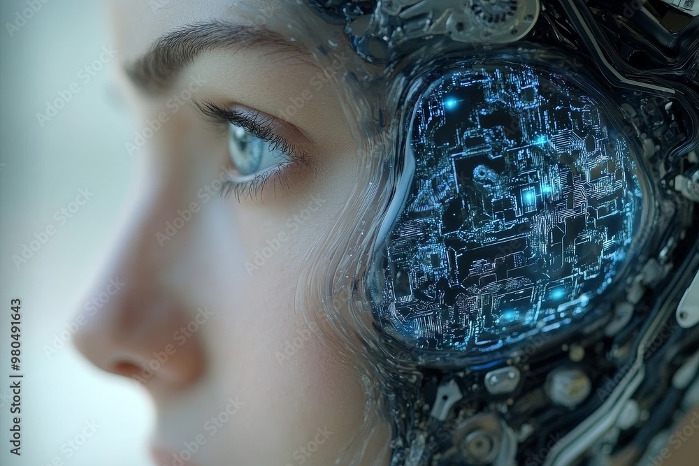 Poster close up of a womans eye fused with intricate digital circuitry symbolizing human and artificial int