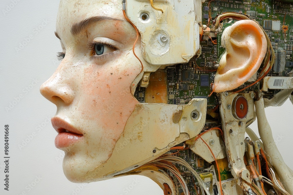 Aufkleber futuristic humanoid android with exposed circuitry merging technology and human like features in sid