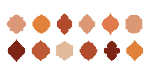 Vector set of flat mosque gates, doors and windows. Oriental style Islamic arches, labels, logo templates. Morocco inspired simple shapes. Indian architecture icons. Muslim frames. Lantern shapes