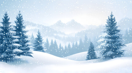 Winter snowfall landscape with snowy trees on the hills. Christmas and New Year holiday greeting card illustration