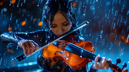 Fototapeta premium Woman Playing Violin in Rain with Blue Bokeh Lights