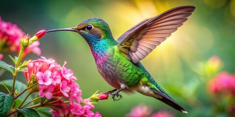Fototapeta premium Vibrant hummingbird with iridescent feathers sips nectar from a bouquet of pink flowers, surrounded by lush greenery, in a dazzling display of natural beauty.