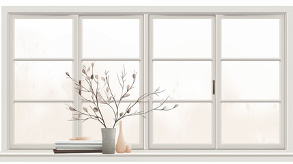 Fototapeta premium Watercolor indoor scene, minimalist mood, vase with branches and books on the windowsill, soft background with copy space