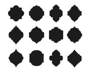 Collection of silhouette oriental style Islamic windows. Vector set of flat mosque gates, doors and windows. Oriental style Islamic arches, labels, logo templates. Morocco inspired simple shapes. 