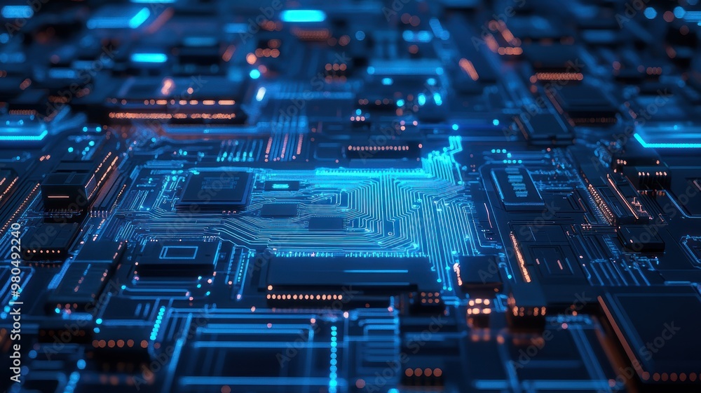 Poster futuristic circuit board with glowing blue lines and microchips, showcasing the complexity and innov