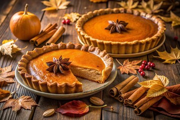 Warmly lit still life of autumnal desserts, featuring a golden-brown pumpkin pie and sweet potato pie, surrounded by fall leaves and seasonal spices.
