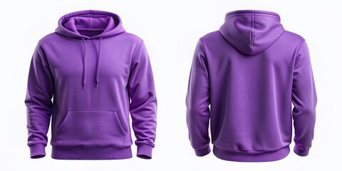 Isolated purple hooded sweatshirt mockup set with front and back views, sleeves and hood detached, on a white background, perfect for branding and design.