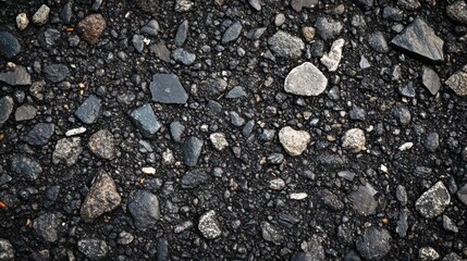 Gritty asphalt texture with scattered pebbles, offering a rugged and urban vibe for designs Close-up photo with clean background