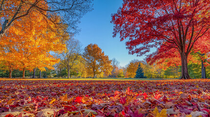 Autumn Landscape background  - Trees And Orange Foliage In Park At Sunset
