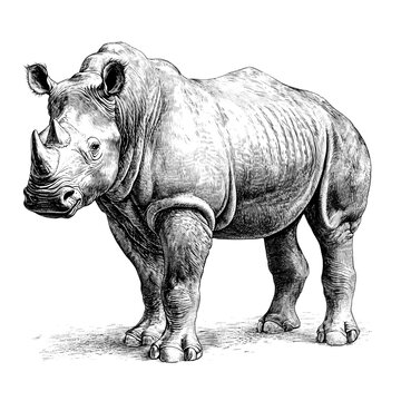 Detailed Sketch of a Rhinoceros Standing in a Natural Setting. Generative AI
