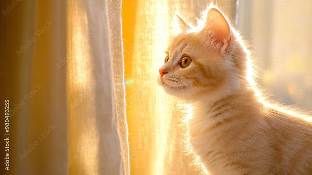 Poster A small kitten looking up at the sun through a window, AI