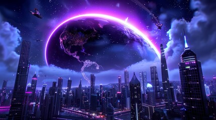 Futuristic Cityscape with Earth and Spaceships