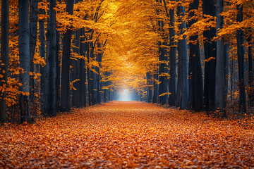 Autumn Landscape background  - Trees And Orange Foliage In Park At Sunset
