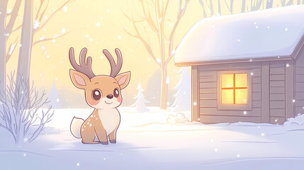 Obraz premium Christmas Card with reindeer night winter scene in Watercolor, generated ai