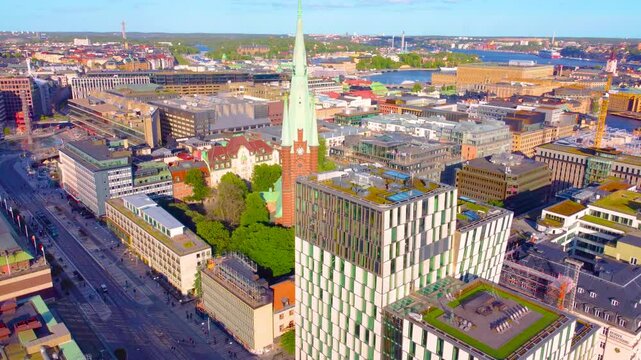 St. Clara's Church Tower In Central City Stockholm, Sweden. Aerial Drone Shot