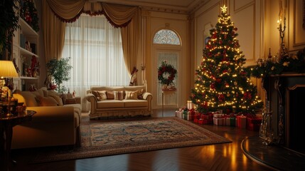 Cozy Greek living room adorned with a beautifully decorated Christmas tree and festive decor on Christmas Eve