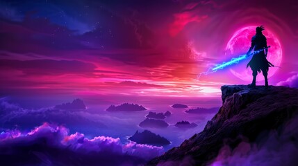 Fototapeta premium Silhouette of a Warrior on a Mountain Top with a Pink Moon and a Blue Energy Sword