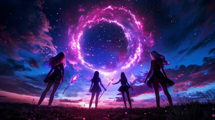 Fototapeta premium Magical Girls Silhouettes Under A Pink Cosmic Vortex
