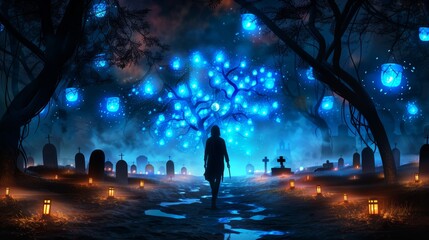 Fototapeta premium Mysterious Woman Walking Through Enchanting Forest Cemetery at Night