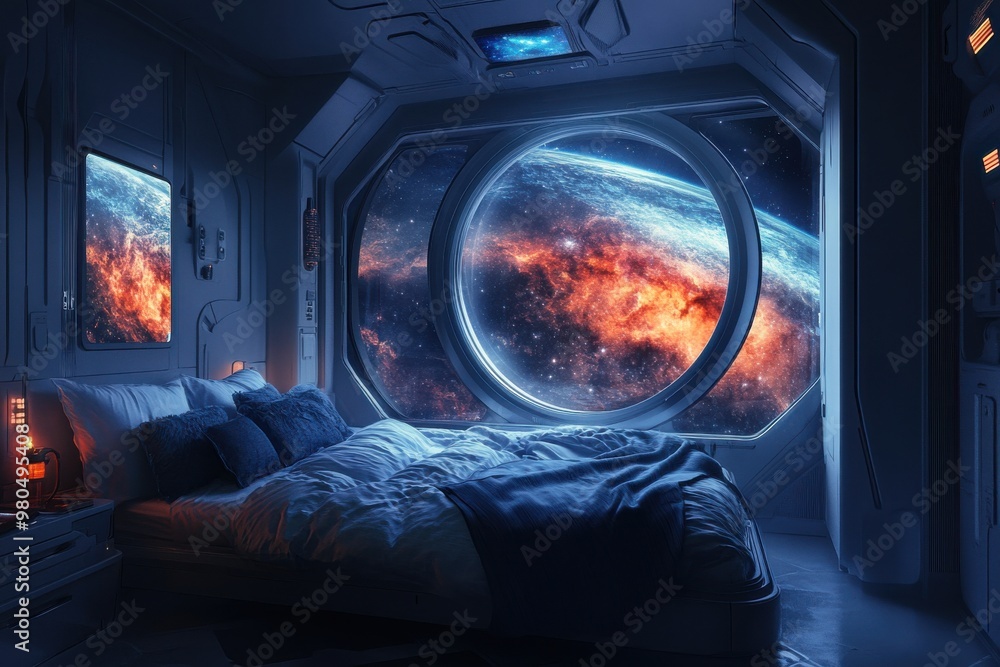 Wall mural a bedroom with a large window that shows a view of the stars and planets
