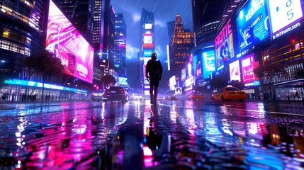 Neon City Rain   Nighttime Urban Street Scene With Reflective Wet Pavement