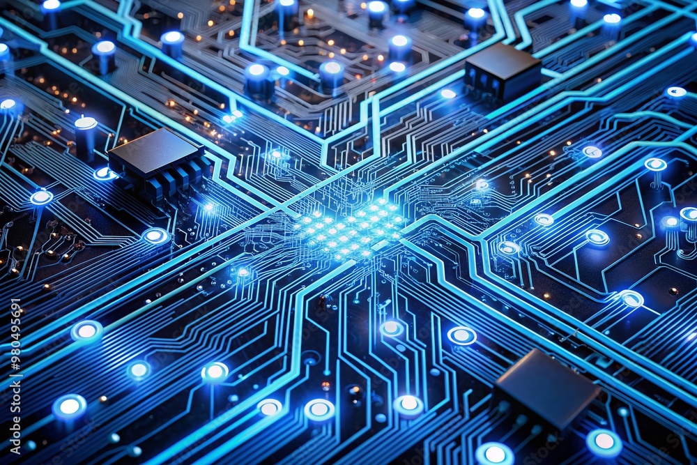 Poster intricate network of glowing blue wires and microchips on a dark circuit board background, showcasin