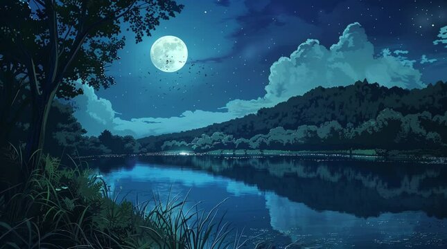 A mystical fantasy lake under the full moon, reflecting the glowing night sky and creating a magical, tranquil atmosphere.
 Seamless looping 4k time-lapse virtual video animation Generated AI
