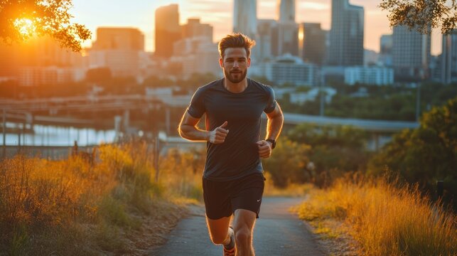 Handsome man jogging along a scenic urban pathway with a cityscape in the background