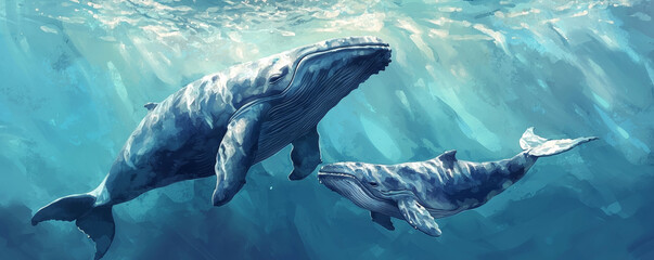 Fototapeta premium Whale and calf swimming together in ocean, showcasing beauty of marine life. This serene moment captures nurturing bond between mother and child in their natural habitat